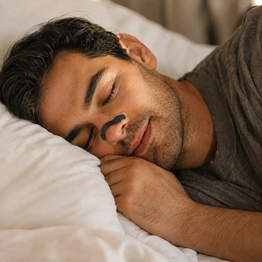 Man sleeping comfortably while wearing the Refresh magnetic nasal device
